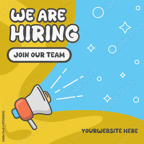 we are hiring poster with illustration of loudspeaker in comic style design