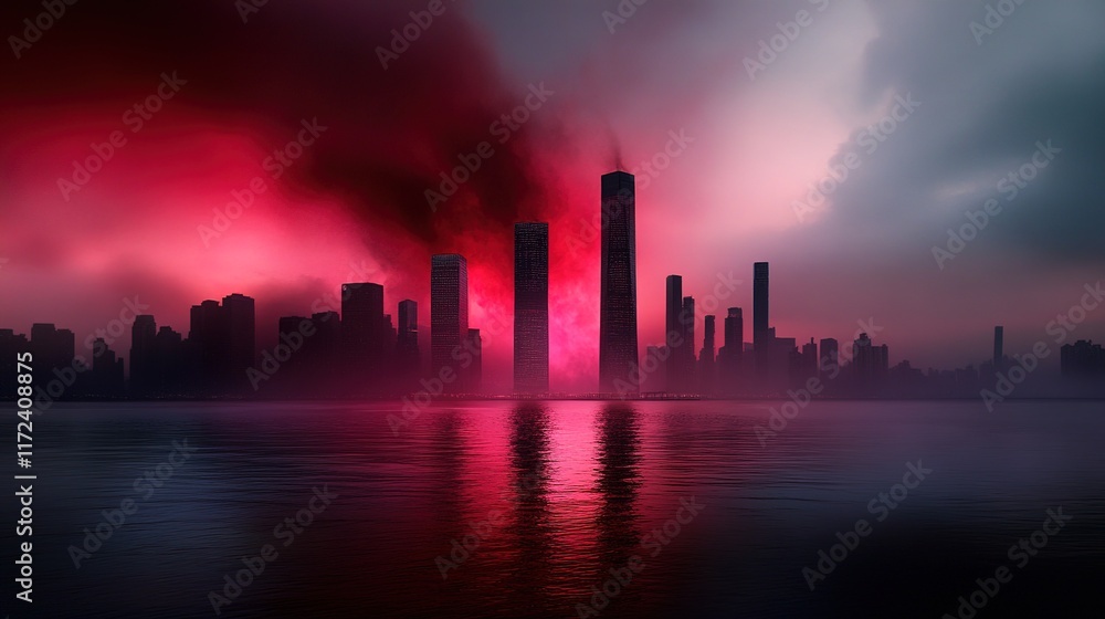 Fototapeta premium Majestic City Skyline at Dusk with Dramatic Shades of Red