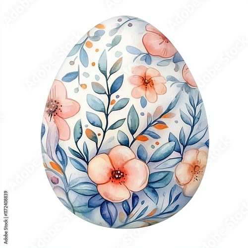Floral Watercolor Easter Egg Illustration , A delicate watercolor Easter egg decorated with soft peach flowers, blue leaves, and botanical details, perfect for spring and festive designs.  
 
