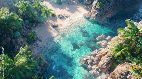 Aerial view of a pristine beach with turquoise waters, rocky formations, and lush greenery, creating a serene tropical paradise.