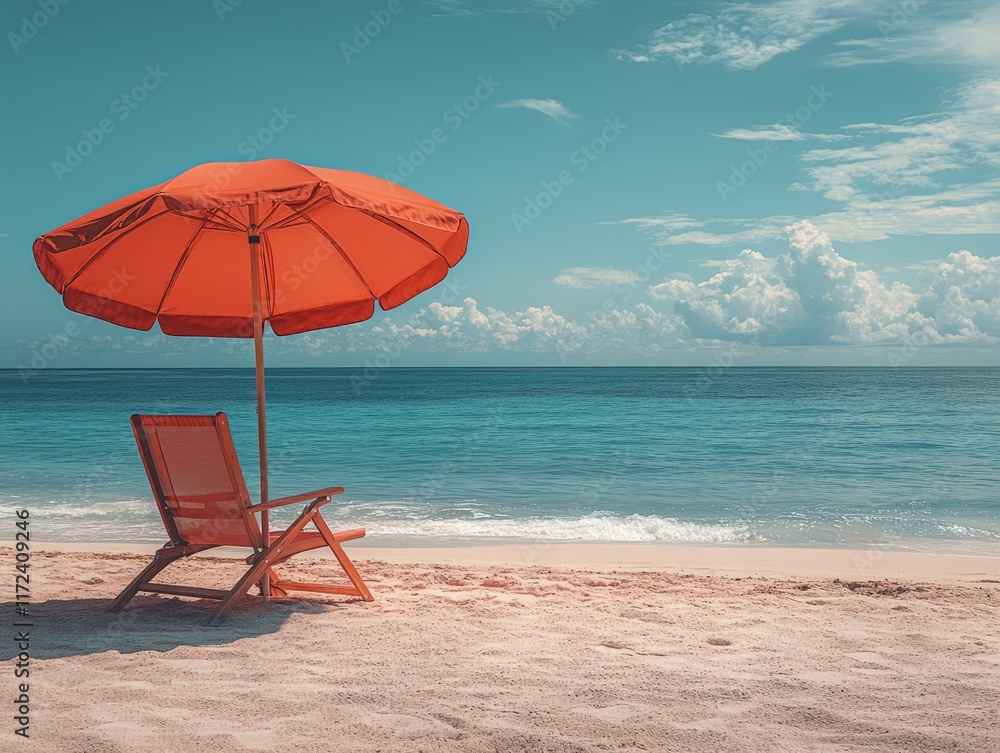 A serene beach scene featuring an orange umbrella and a lounge chair by the water. A serene beach scene featuring an orange umbrella and a lounge chair by the water.