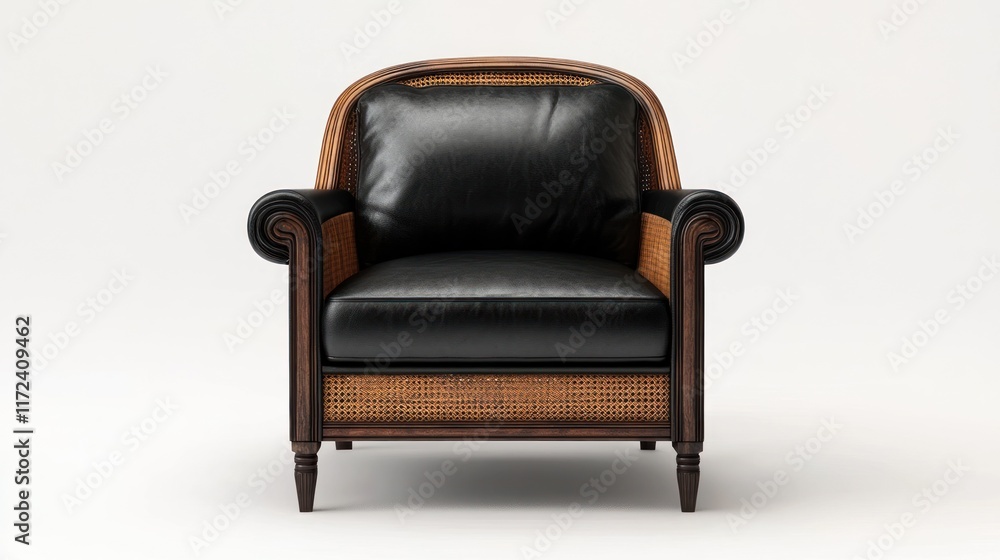 Black leather armchair, rattan frame, studio shot, white background, furniture catalog Black leather armchair, rattan frame, studio shot, white background, furniture catalog