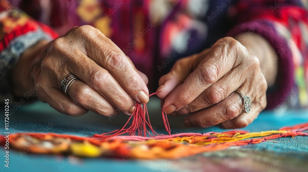 Fototapeta premium Elderly caucasian female hand crafting colorful textile with precision