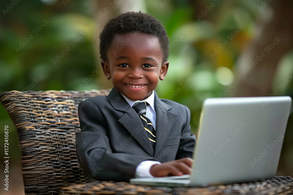 A young Black boy dressed in a formal gray suit, smiling as he types on a laptop outdoors, with lush greenery in the background A young Black boy dressed in a formal gray suit, smiling as he types on a laptop outdoors, with lush greenery in the background