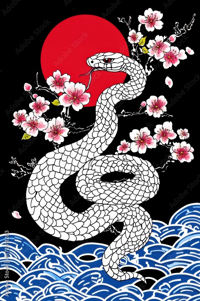 Fototapeta premium White Snake with Cherry Blossoms - Japanese Inspired Art