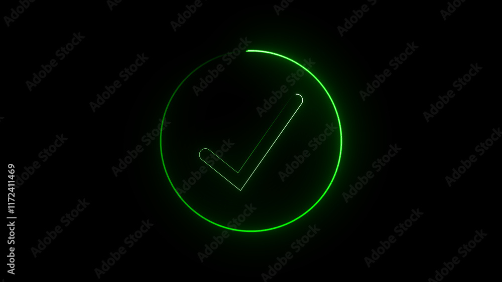 neon glowing check mark icon indicating approval, success, confirmation, or accuracy isolated with black background. neon glowing check mark icon indicating approval, success, confirmation, or accuracy isolated with black background.
