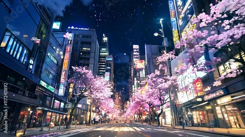 Dynamic anime background: bustling city at night illuminated by colorful neon lights and skyscrapers