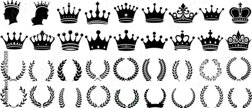 Crown laurel wreath silhouette set, royalty icons, vintage design elements, crowns, laurel wreaths  vector art, elegant symbols for logos, emblems, regal themes, heraldry designs