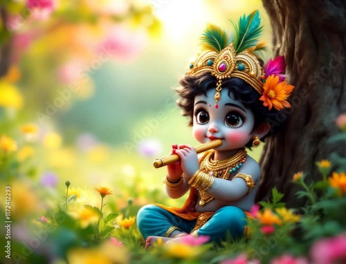 Adorable Krishna Plays Flute in Vibrant Garden
