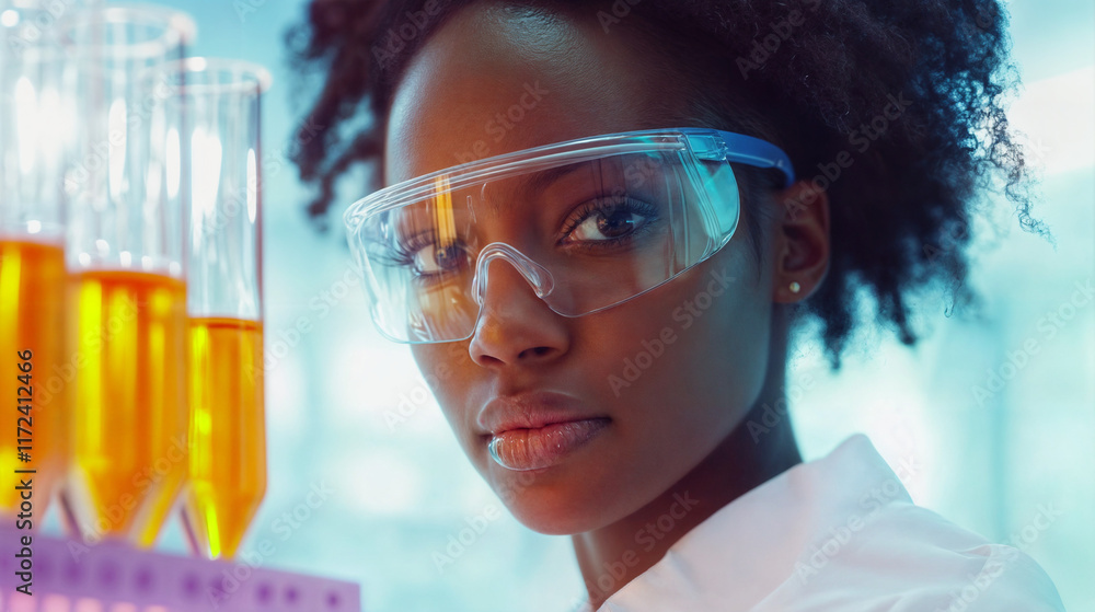 The image shows a person wearing safety goggles and a white lab coat, standing in front of a rack of test tubes filled with a yellow liquid
