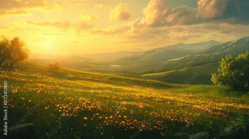 Obraz premium A picturesque countryside landscape as golden sunlight casts a glow on yellow wildflowers scattered across a lush green meadow