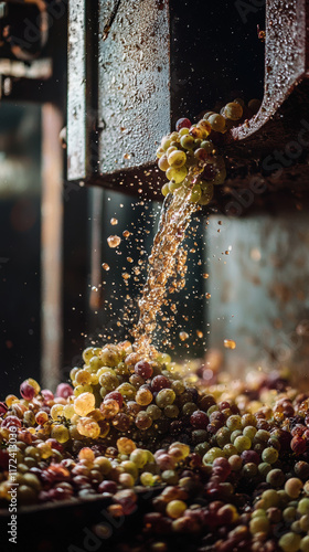 Freshly harvested grapes being crushed, releasing juice and vibrant colors