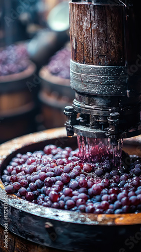 Grapes being crushed in mechanical press, creating rich juice