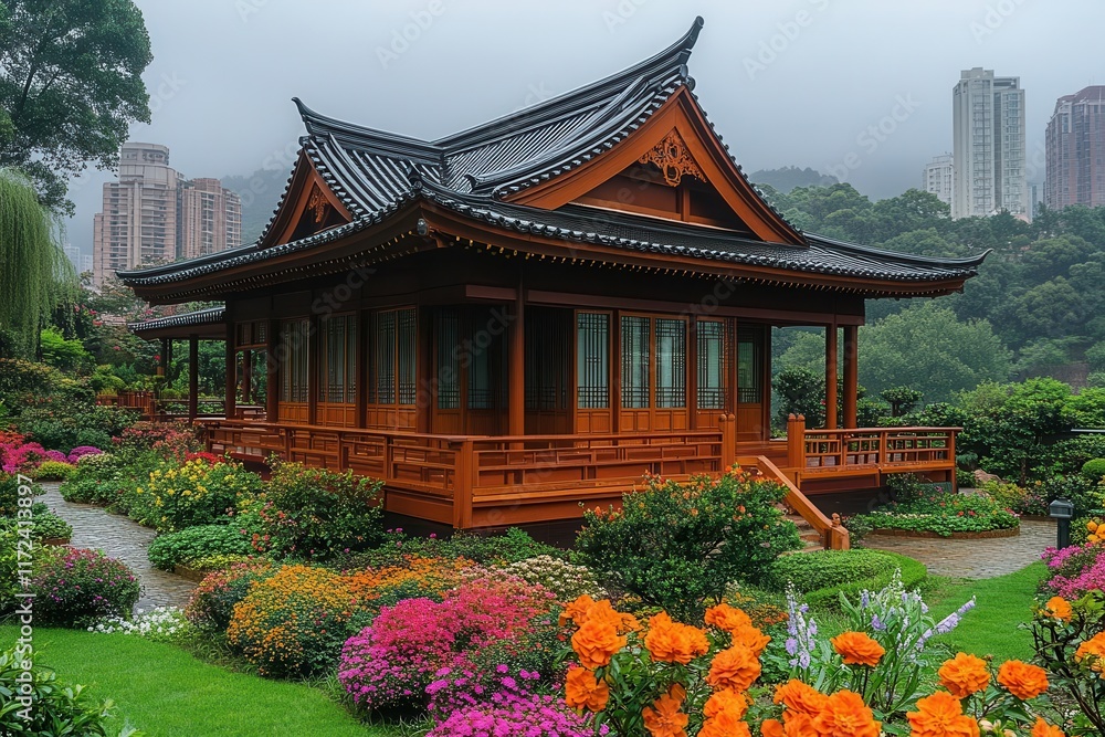 traditional asian pagoda nestled within a vibrant garden bursting with colorful flowers and greenery creating a serene and picturesque scene that embodies cultural beauty traditional asian pagoda nestled within a vibrant garden bursting with colorful flowers and greenery creating a serene and picturesque scene that embodies cultural beauty