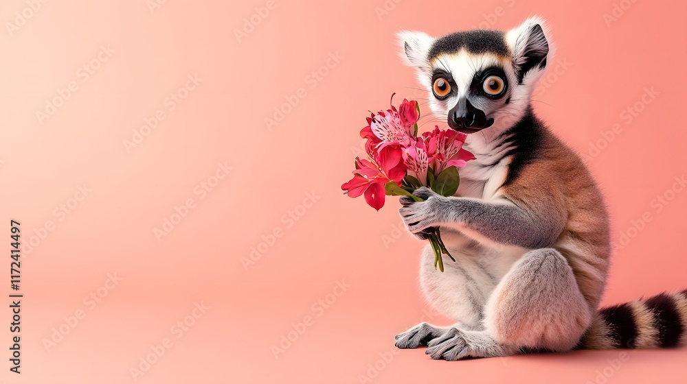 Obraz premium Curious ring-tailed lemur holding bright flowers against a soft pink background