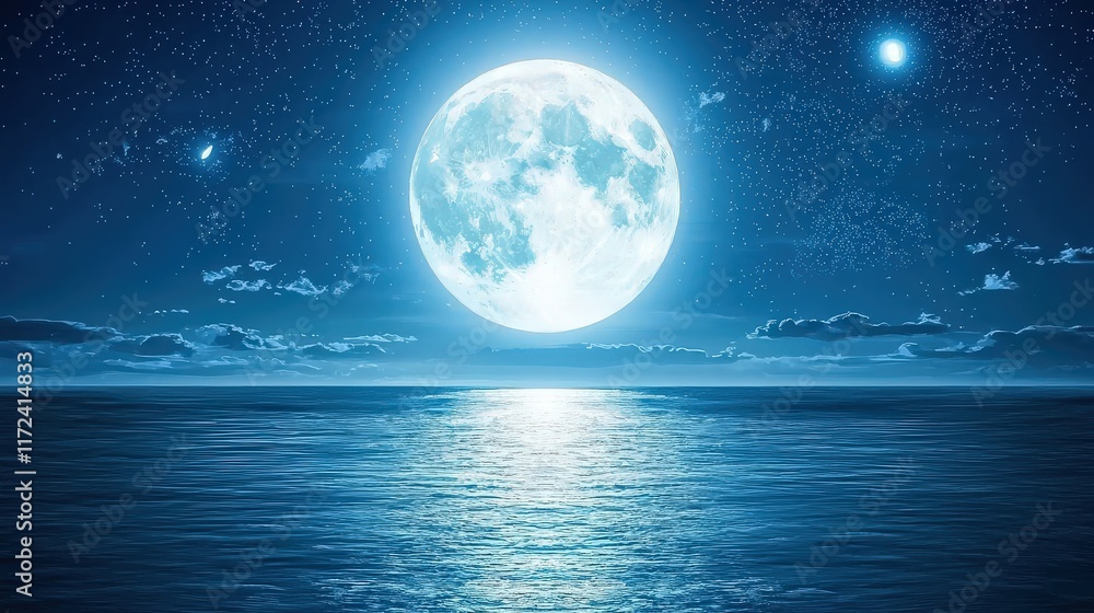 A calm moonlit ocean scene with the full moon reflecting perfectly on the water, surrounded by a peaceful, still night