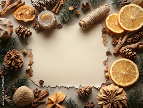 A festive arrangement of spices, dried fruits, and pinecones surrounding a blank sheet of paper. photo