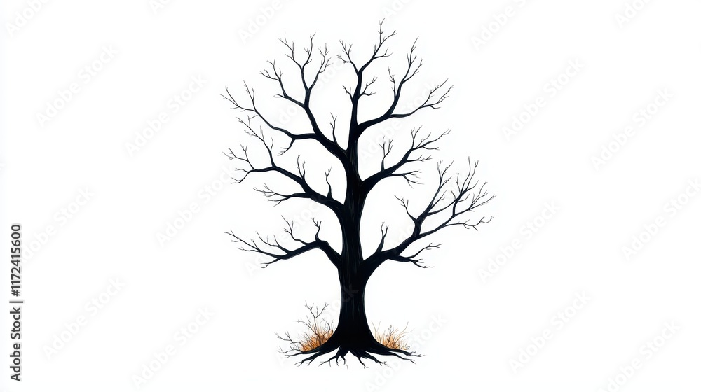 Bare Black Tree Silhouette with No Leaves and Grass on White Background for Design and Art