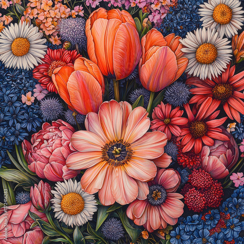 Colorful floral bouquet painting on dark background, for prints or decor