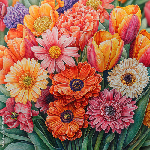 Colorful spring flower bouquet close-up, vibrant blooms, green leaves background, festive decor