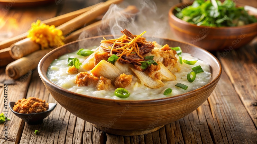 Macro lens captures the richness of Indonesian chicken porridge, a heartwarming culinary detail. Macro lens captures the richness of Indonesian chicken porridge, a heartwarming culinary detail.