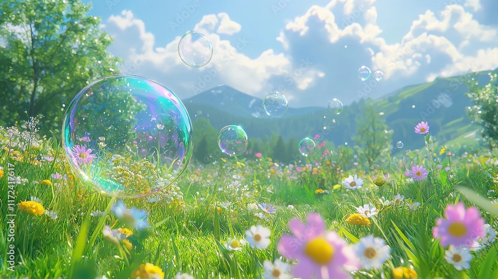 A vibrant landscape featuring flowers, bubbles, and a bright sky, evoking a serene and joyful atmosphere in nature. A vibrant landscape featuring flowers, bubbles, and a bright sky, evoking a serene and joyful atmosphere in nature.