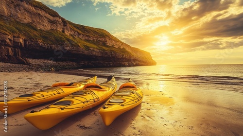A vibrant coastal view with golden sunlight highlighting yellow kayaks lined up on the sandy shore