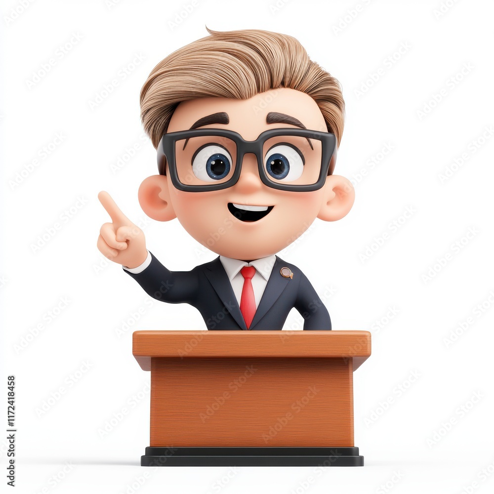 Cartoon character in suit giving presentation at podium with smile Cartoon character in suit giving presentation at podium with smile