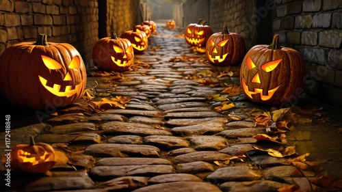 Glowing jackolanterns with spooky faces line a cobblestone path surrounded by autumn leaves during a foggy Halloween evening photo