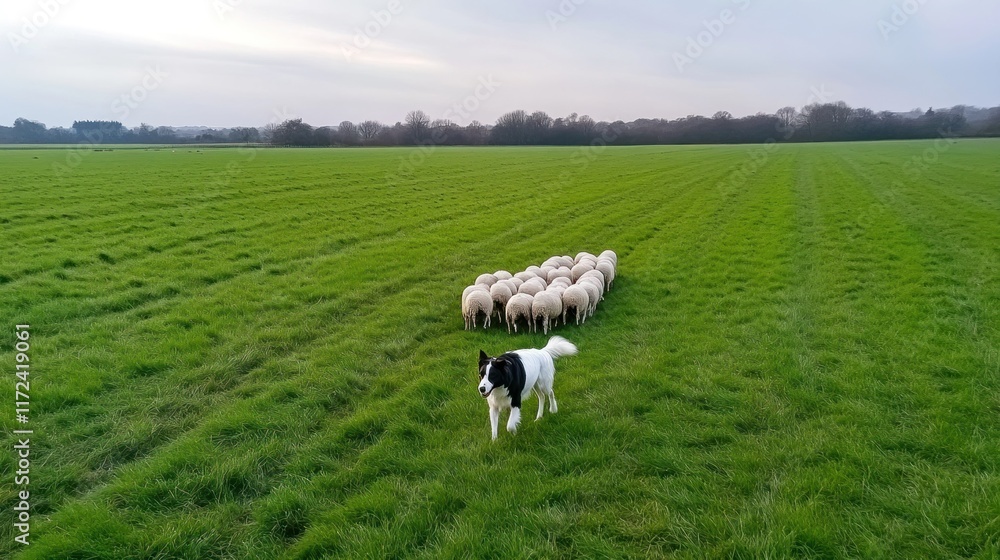 A sheepdog herding sheep in a green field at dusk. A sheepdog herding sheep in a green field at dusk.