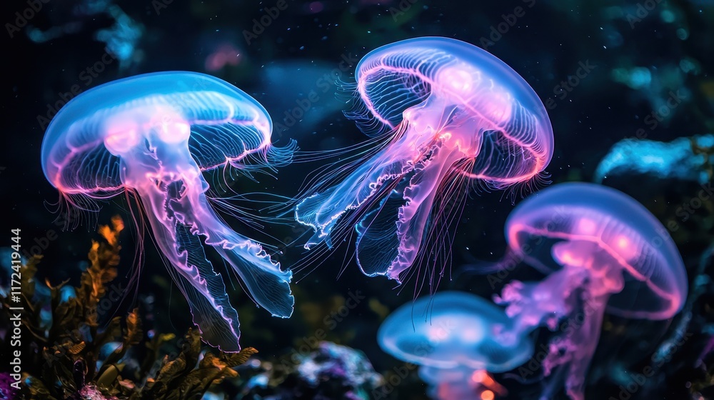 Mysterious underwater ruins surrounded by glowing jellyfish Mysterious underwater ruins surrounded by glowing jellyfish