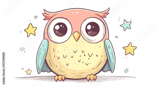 An adorable owl with big round eyes sitting on a pastel crescent moon, surrounded by tiny pastel stars, soft pastel tones, clean white background, minimalist hand-drawn style, kawaii-inspired design, photo