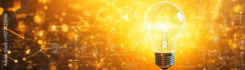 A yellow background with a glowing lightbulb in the center, surrounded by leadership icons and brainstorming ideas, highlighting business creativity photo