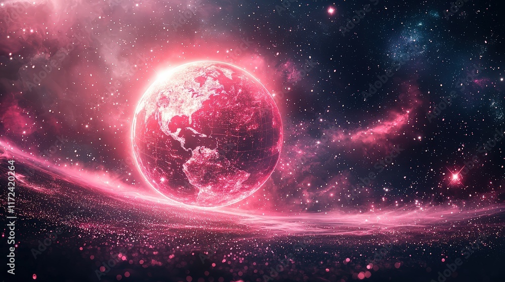 Obraz premium A glowing pink globe floating in space, surrounded by pink stars and galaxies, representing a pink-hued universe