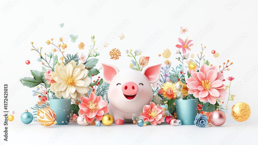 A joyful pig illustration with floral patterns and festive decorations celebrating the Year of the Pig on white. A joyful pig illustration with floral patterns and festive decorations celebrating the Year of the Pig on white.