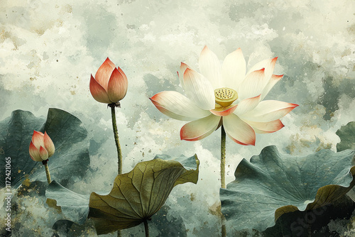 Lotus flowers blooming in pond with textured background, artistic nature wallpaper