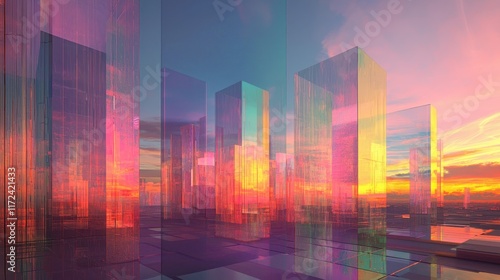 Futuristic city with transparent buildings glowing at dusk