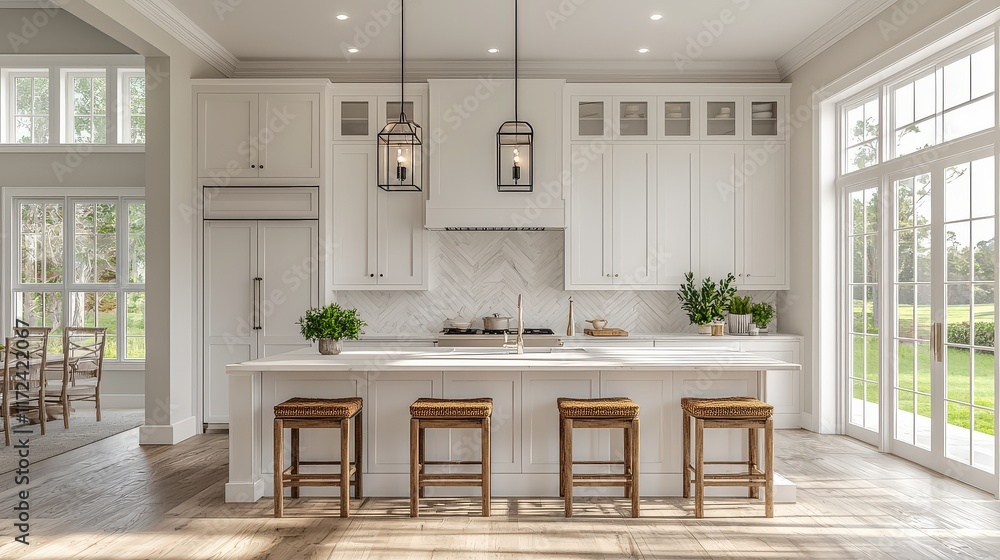 Fototapeta premium A minimalist white kitchen featuring white marble countertops, custom cabinetry, and elegant lighting fixtures for a serene, modern space
