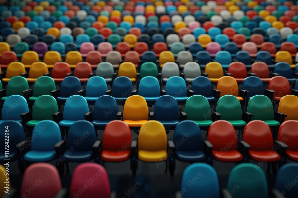 Fototapeta premium A vibrant array of colorful chairs arranged in rows, creating a visually striking pattern and inviting exploration of design and color.