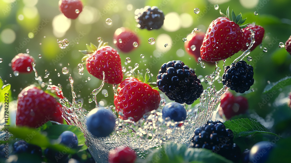 Fresh berries splashing in water with green garden background Fresh berries splashing in water with green garden background