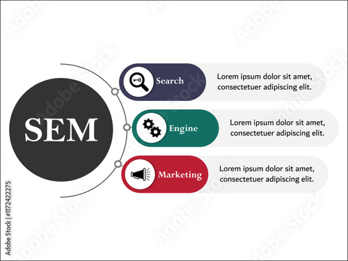 SEM - Search Engine Marketing acronym. Infographic template with icons and description placeholder