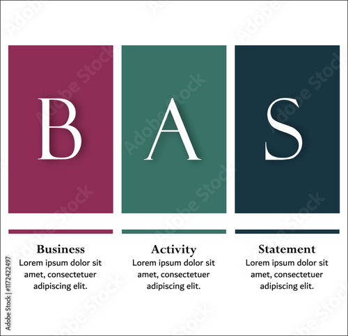 BAS - Business Activity Statement acronym. Infographic template with icons and description placeholder