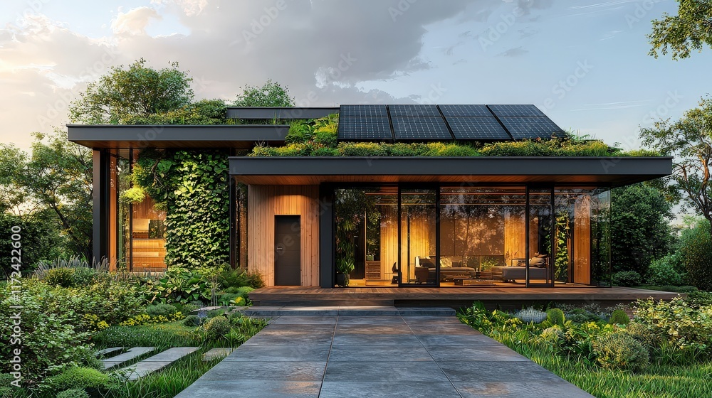 Obraz premium A modern single-storey home with an eco-friendly design, featuring solar panels on the roof, a green wall, and sleek wooden exterior, set in a scenic countryside location, photorealistic corporate