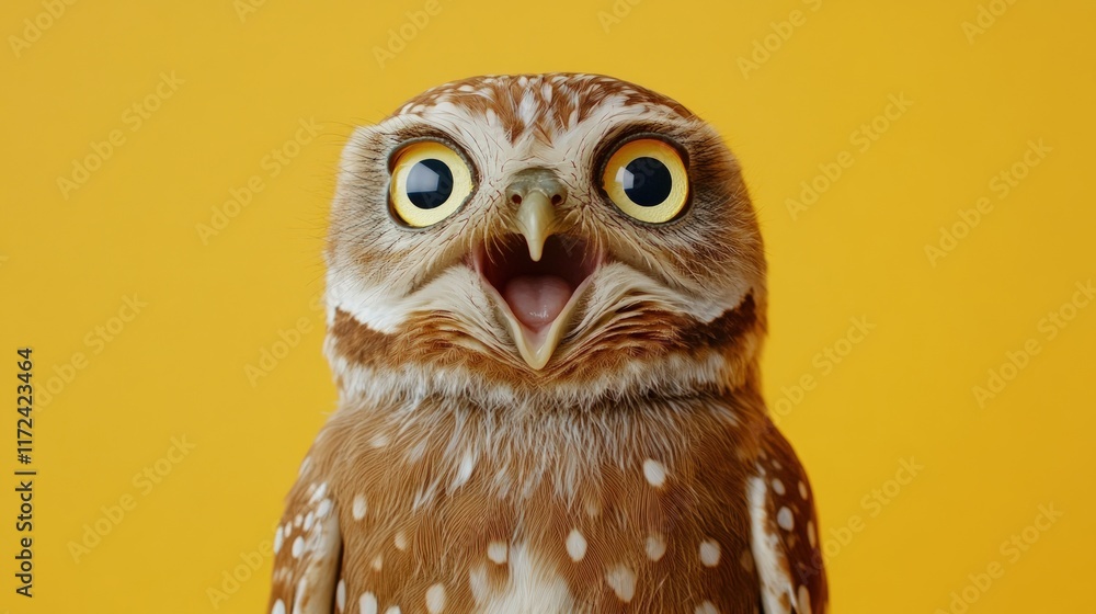 Close-up of a surprised owl with wide open beak against a yellow background. Close-up of a surprised owl with wide open beak against a yellow background.