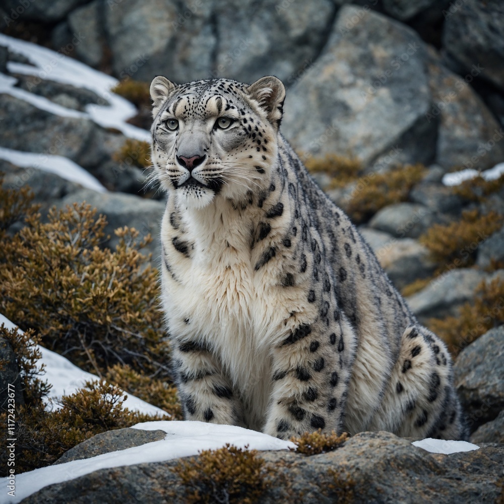 A snow leopard blending into rocky terrain in a forested mountain. A snow leopard blending into rocky terrain in a forested mountain.
