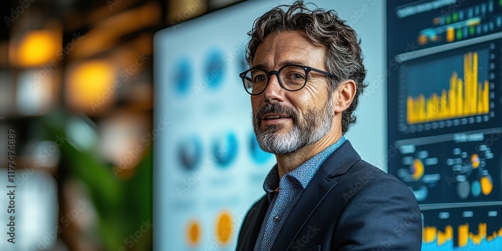 Professional man presenting data in modern office setting Professional man presenting data in modern office setting