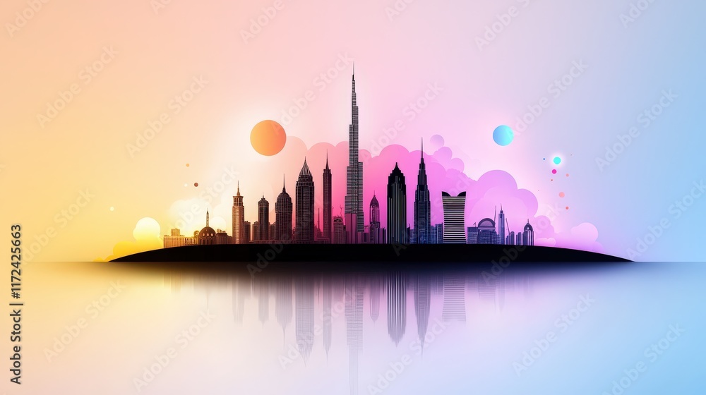 A sleek black outline of a city skyline with well-known structures, drawn on a pastel-colored background, offering a clean and modern aesthetic with a soft, artistic feel A sleek black outline of a city skyline with well-known structures, drawn on a pastel-colored background, offering a clean and modern aesthetic with a soft, artistic feel
