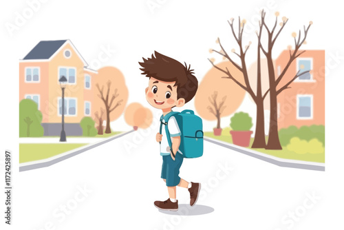 a boy going to school illustration vector