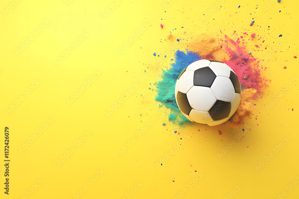 Naklejka premium Soccer Ball Exploding with Colorful Powder on Yellow Background