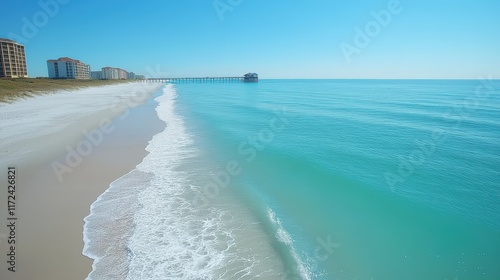 Wallpaper Mural A tranquil view of the Myrtle Beach coastline, with soft waves washing up on a wide sandy beach and a pier on the horizon, epitomizing a peaceful beach getaway. Torontodigital.ca